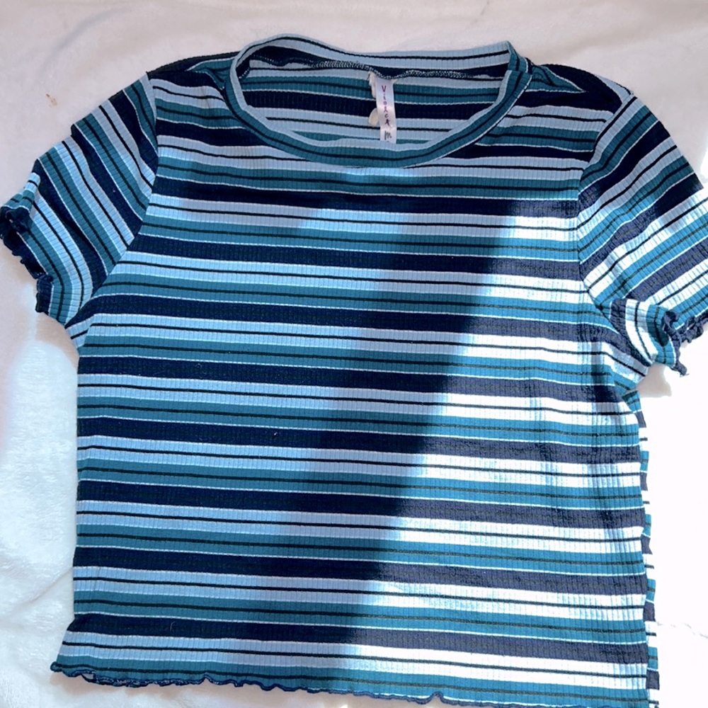 “violet moon” navy blue, light blue, and turquoise striped shirt, size M/L